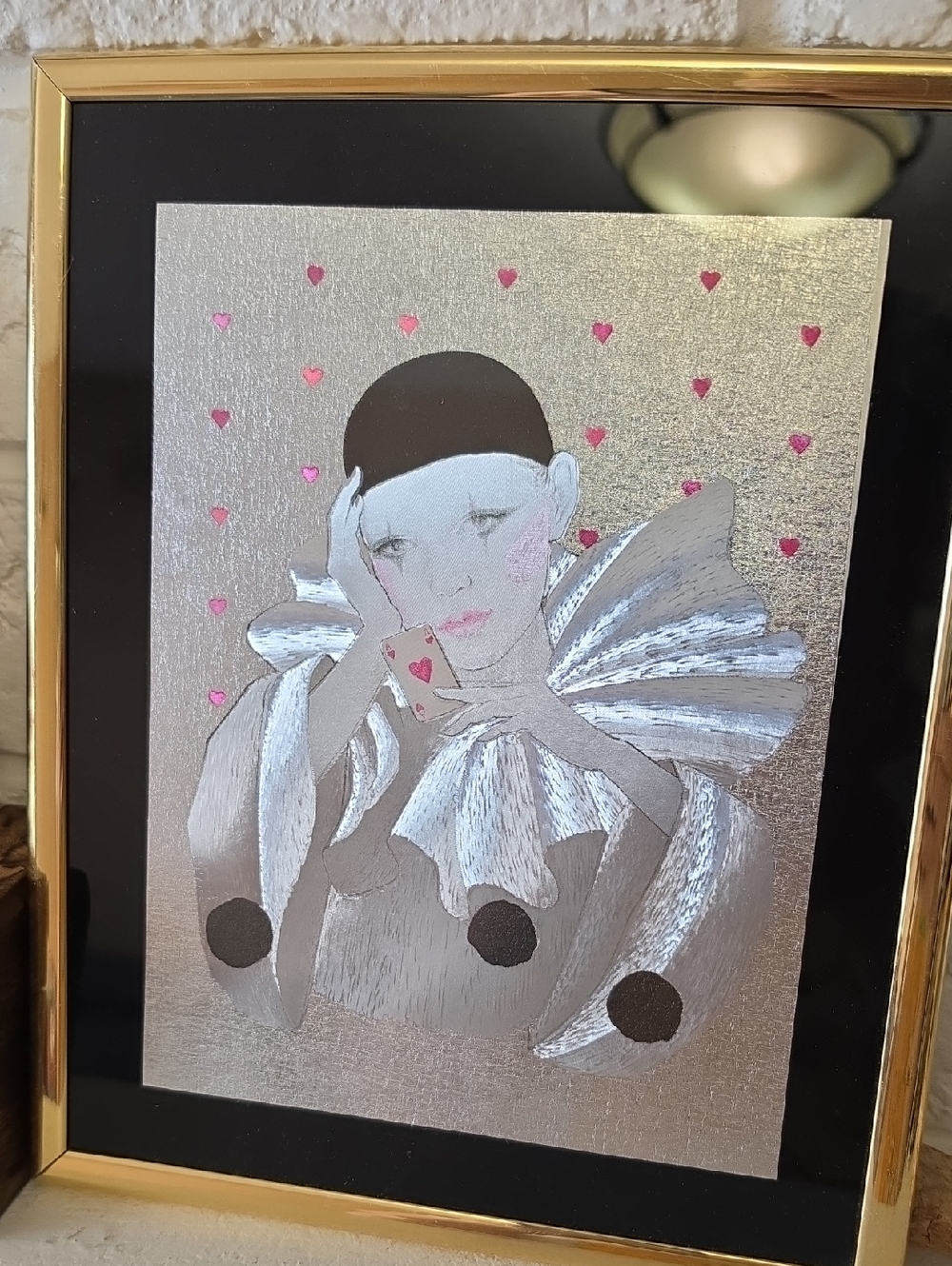 Vtg 1980 Framed Silver Pierrot Clown Art Print with Pink Hearts